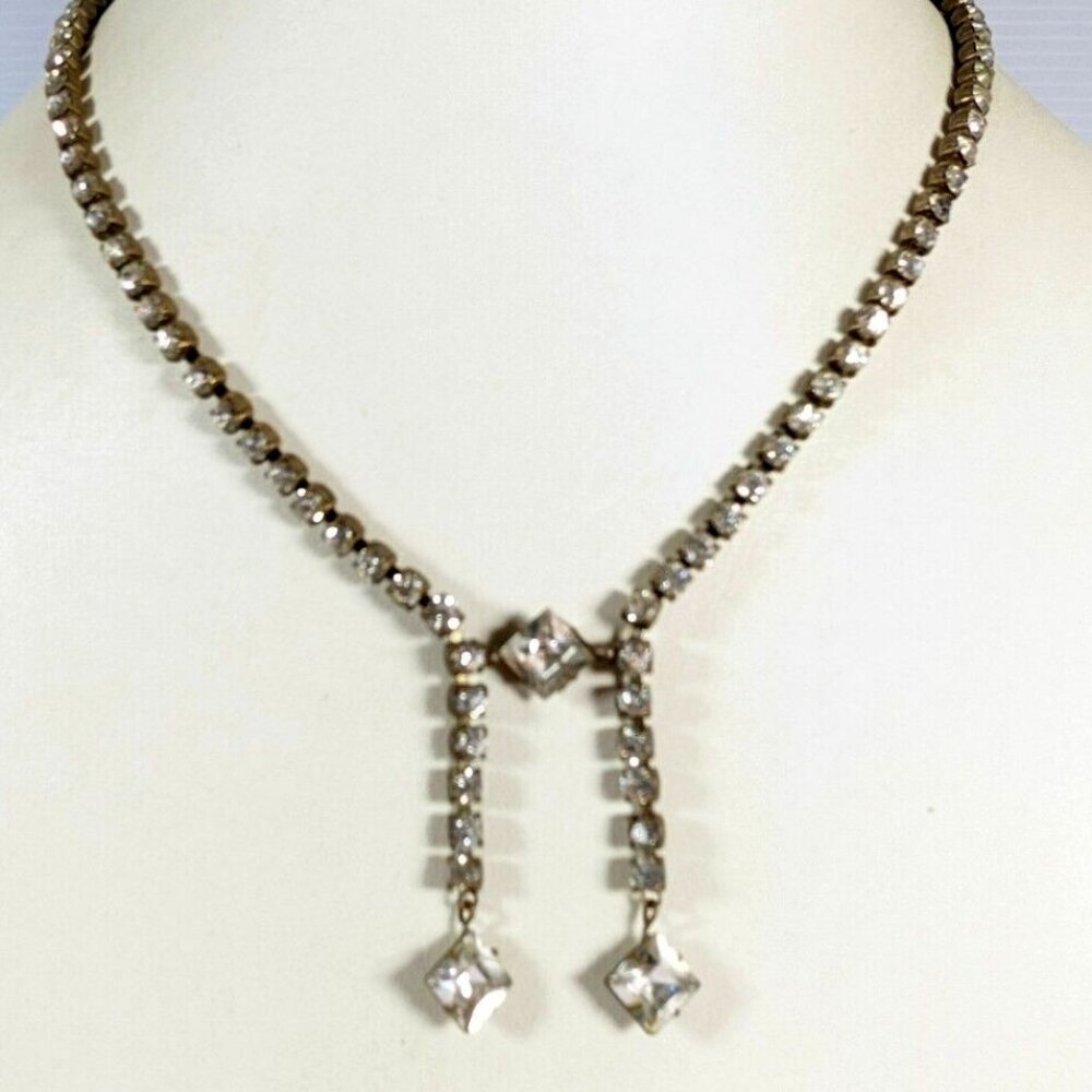 Vintage Czechoslovakia Bronze Tone Crystal Rhinestone Art Deco Tennis Necklace - Picture 1 of 11
